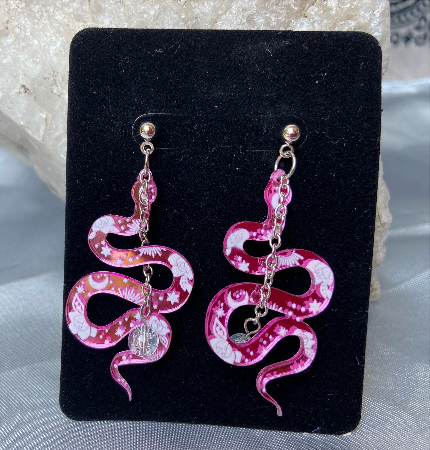 Reflective snake drop earrings