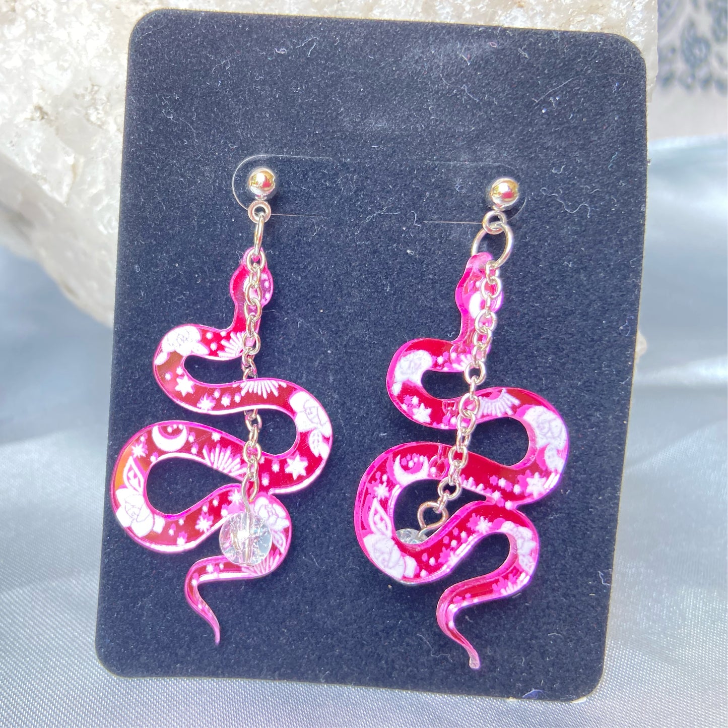 Reflective snake drop earrings