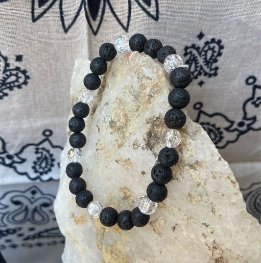 Lava stone and clear quartz stretch bracelet